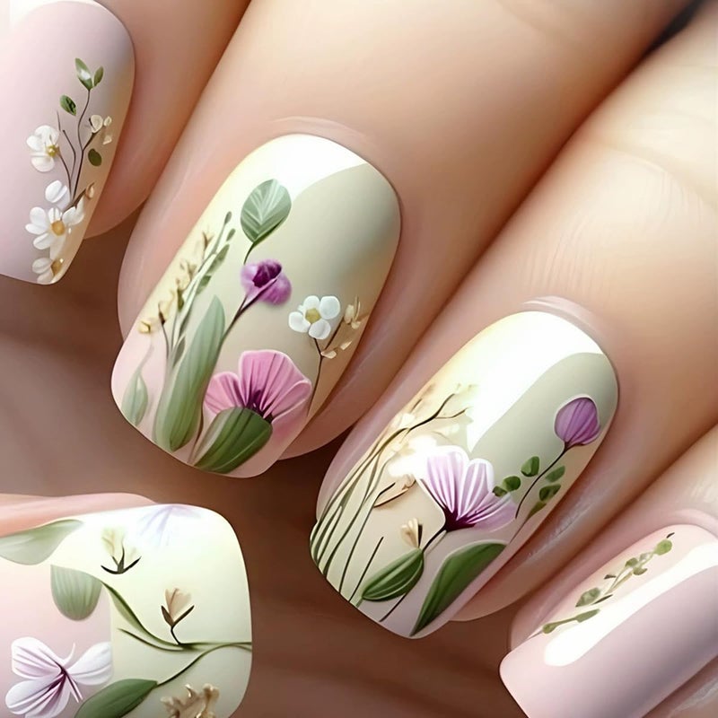 juggssa Spring Flower Press on Nails Short Square Fake Nails Glossy Pink Acrylic Nails Press on False Nails with Floral Designs Spring Summer Glue on Nails Short Stick on Nails for Women Nail Art Decor 24PCS - Image 1