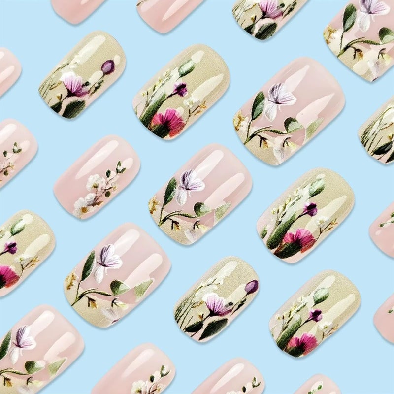 juggssa Spring Flower Press on Nails Short Square Fake Nails Glossy Pink Acrylic Nails Press on False Nails with Floral Designs Spring Summer Glue on Nails Short Stick on Nails for Women Nail Art Decor 24PCS - Image 3