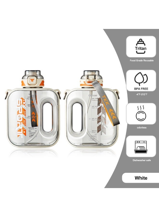 TKK 2000ml BPA Free Tritan water bottle for Gym Yoga Travel Camping Outdoor with Rope for Ease of Carry, comes with Straw | White - Image 1