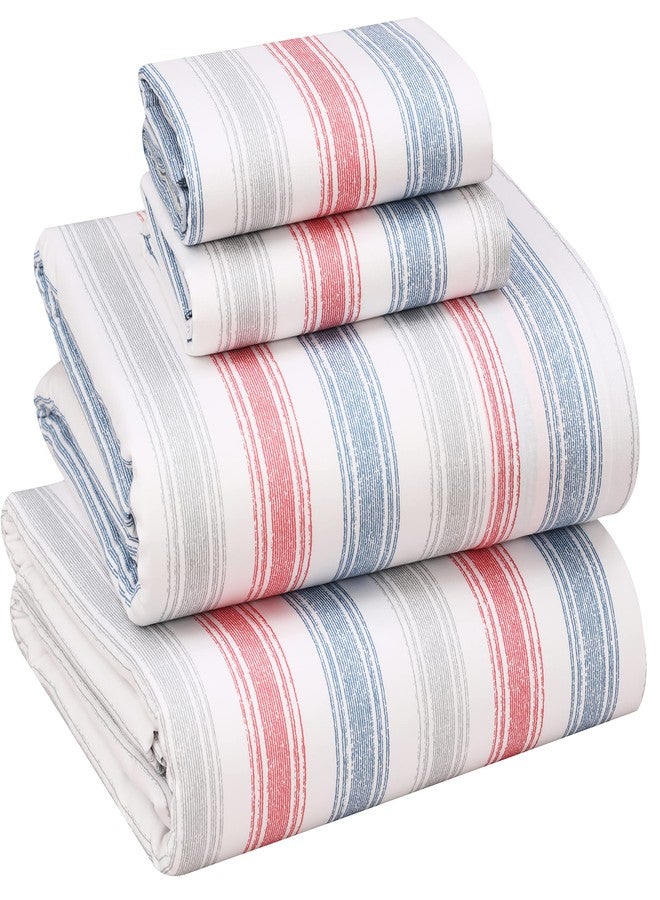 RUVANTI 100% Cotton King Size Sheets Set, 4 Pieces, Soft & Breathable Percale Weave Bedding, Deep Pocket 16", Hotel Standard, Crisp Cool Feel, Durable, Perfect Striped Bed Sheet, Times - Image 1