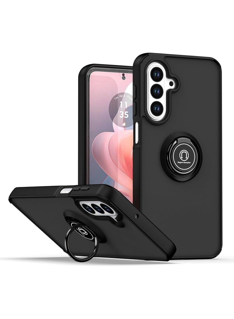 Muzz حافظة لهاتف سامسونج جالاكسي A17 غطاء حلقة معدنية حامل قبضة قاعدة دعم مغناطيسية مقاومة للصدمات ظهر صلب غير لامع حافة للحماية لهاتف سامسونج جالاكسي A17 (أسود) - Image 1