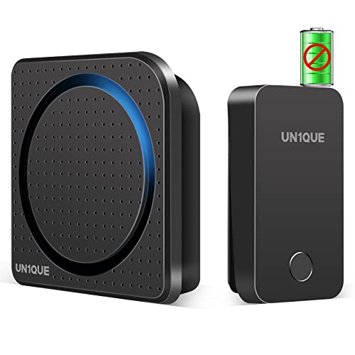 UN1QUE Wireless Door Bell for Home, Self-Powered Battery Free Cordless Calling Bell-1000ft Range with 38 Chimes,LED Light,4 Levels Volume (UB500) (Black) - Image 1
