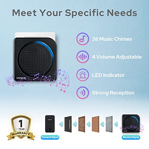 UN1QUE Wireless Door Bell for Home, Self-Powered Battery Free Cordless Calling Bell-1000ft Range with 38 Chimes,LED Light,4 Levels Volume (UB500) (Black) - Image 3