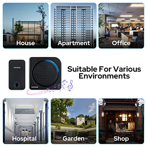 UN1QUE Wireless Door Bell for Home, Self-Powered Battery Free Cordless Calling Bell-1000ft Range with 38 Chimes,LED Light,4 Levels Volume (UB500) (Black) - Image 5