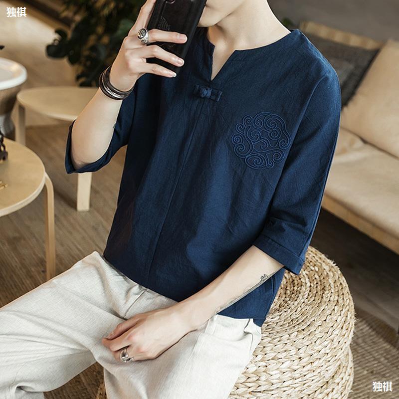 Chinese Style T-Shirt Men'S Short-Sleeved Half-Sleeve Summer Men'S Loose T-Shirt Cotton And Linen Material Hanfu Embroidered Linen Half-Sleeve Fashionable Style - Image 3