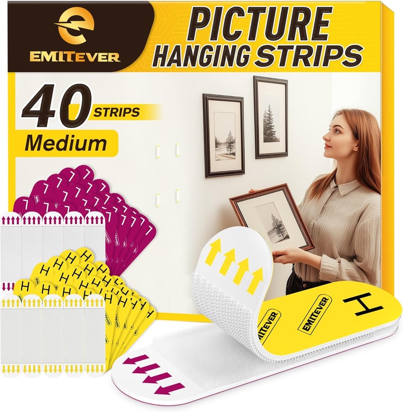 EMITEVER Picture Hanging Strips Heavy Duty, Damage Free Picture Hangers for Walls, Picture Hanging Kit, Hanging Hooks Without Nails, Medium Adhesive Wall Strips for Poster Sticky 20-Pairs (40 Strips) - Image 1