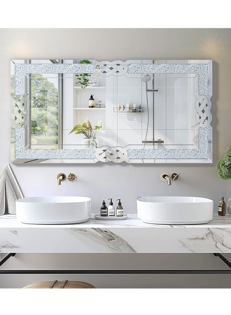 ويسفور مرآة حائط كريستالية فاخرة مقاس 120 × 60 سم، مرآة حائط مستطيلة من الكريستال، مرآة كبيرة حديثة مع خطافات معدنية، مرآة معلقة، مرآة حمام للحمام وغرفة المعيشة وغرفة النوم - Image 4