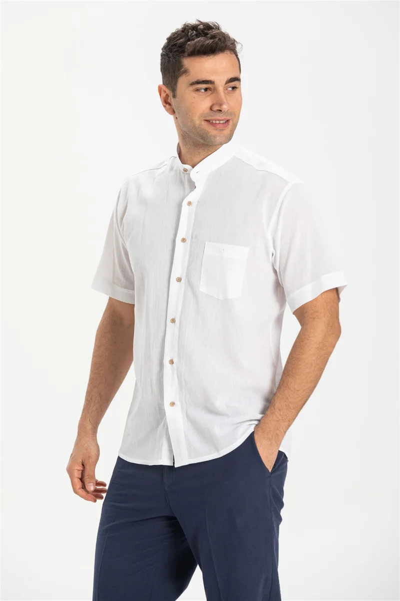 اليش شيل بيزي Short Sleeve Şile Cloth Classic Collar Single Pocket Men's Shirt White 3001