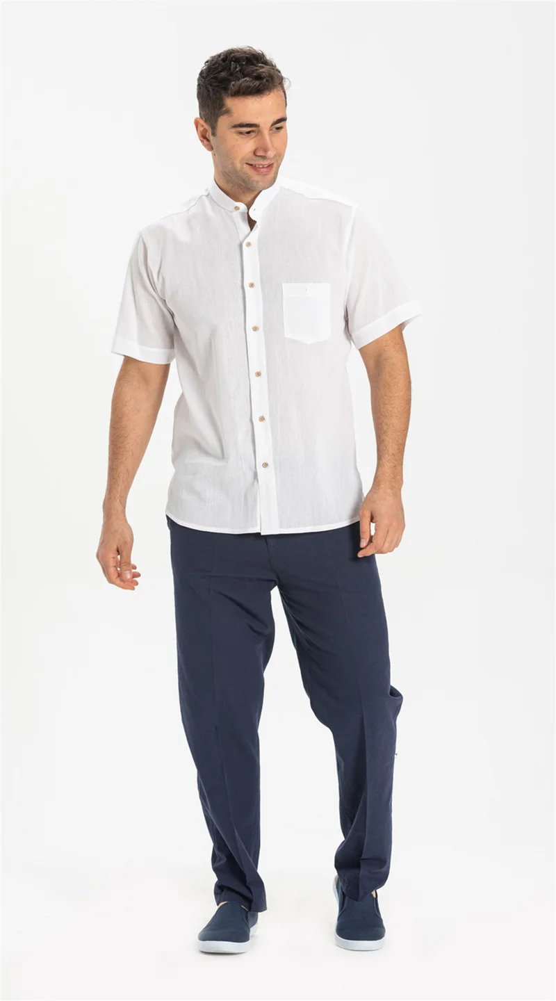 اليش شيل بيزي Short Sleeve Şile Cloth Classic Collar Single Pocket Men's Shirt White 3001