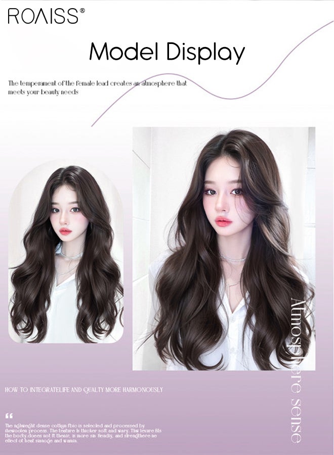 رويس باروكة شعر بني أسود طويل مموج، باروكة شعر نسائية طبيعية ناعمة مقاومة للحرارة، مناسبة لحفلات الزفاف والتنكر، للاستخدام اليومي، 75 سم (30 بوصة) - Image 5