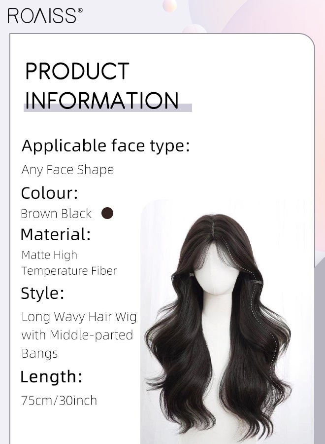 رويس باروكة شعر بني أسود طويل مموج، باروكة شعر نسائية طبيعية ناعمة مقاومة للحرارة، مناسبة لحفلات الزفاف والتنكر، للاستخدام اليومي، 75 سم (30 بوصة) - Image 2