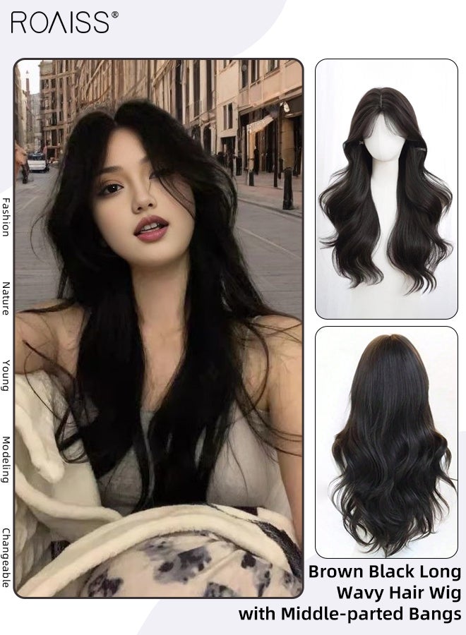 رويس باروكة شعر بني أسود طويل مموج، باروكة شعر نسائية طبيعية ناعمة مقاومة للحرارة، مناسبة لحفلات الزفاف والتنكر، للاستخدام اليومي، 75 سم (30 بوصة) - Image 1