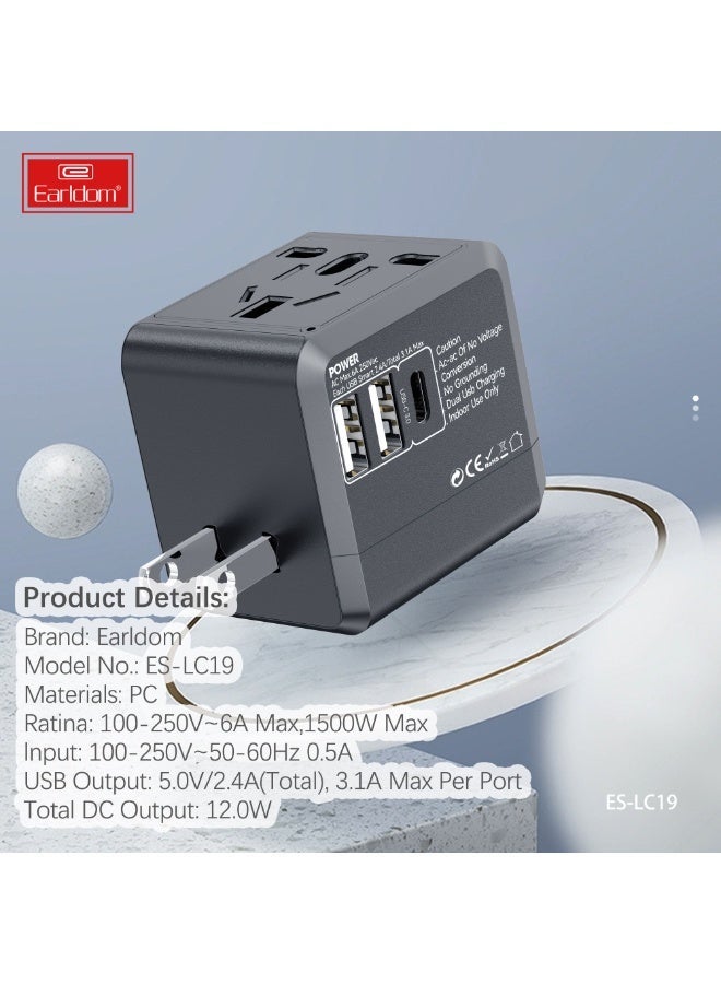 أيرلدوم محول سفر إيرلدوم ES-LC18 العالمي بقوة 1500 واط | قابس طاقة عالمي شامل مع منفذ USB-C وشحن سريع مزدوج | متوافق مع جميع أنحاء العالم في المملكة المتحدة/الولايات المتحدة/الاتحاد الأوروبي/أستراليا | حماية آمنة من الحرائق - Image 5