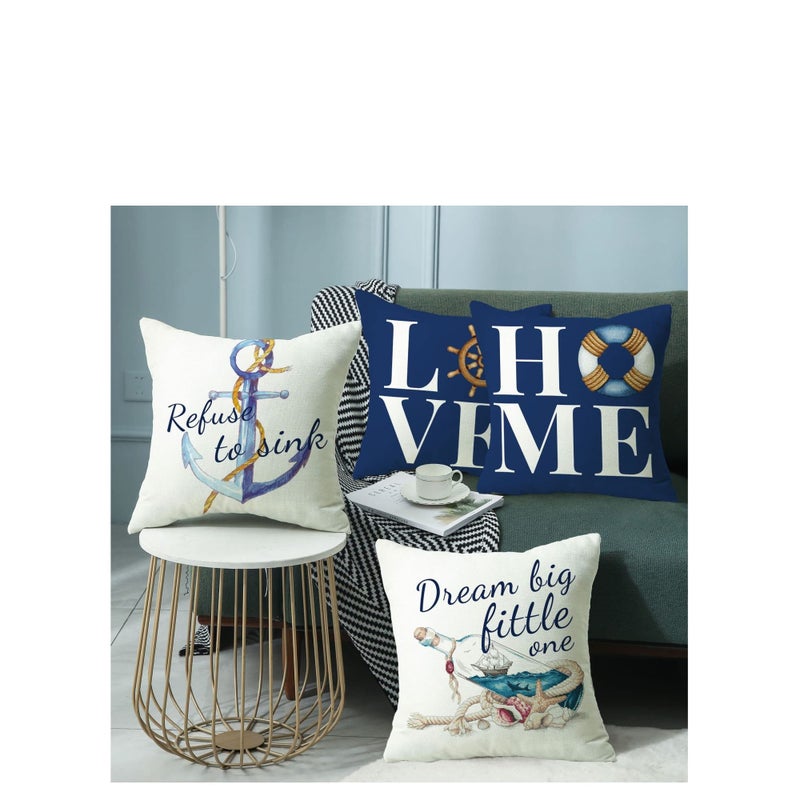 Zikra Throw Pillow Covers 18x18 Nautical Pillow Cover, Farmhouse Summer Decorative Pillow Cover Set of 4, Navy Blue Linen Couch Pillows Covers for Living Room Sofa Bed Home Decor - Image 5