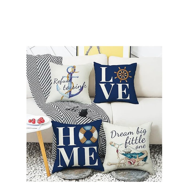 Zikra Throw Pillow Covers 18x18 Nautical Pillow Cover, Farmhouse Summer Decorative Pillow Cover Set of 4, Navy Blue Linen Couch Pillows Covers for Living Room Sofa Bed Home Decor - Image 2