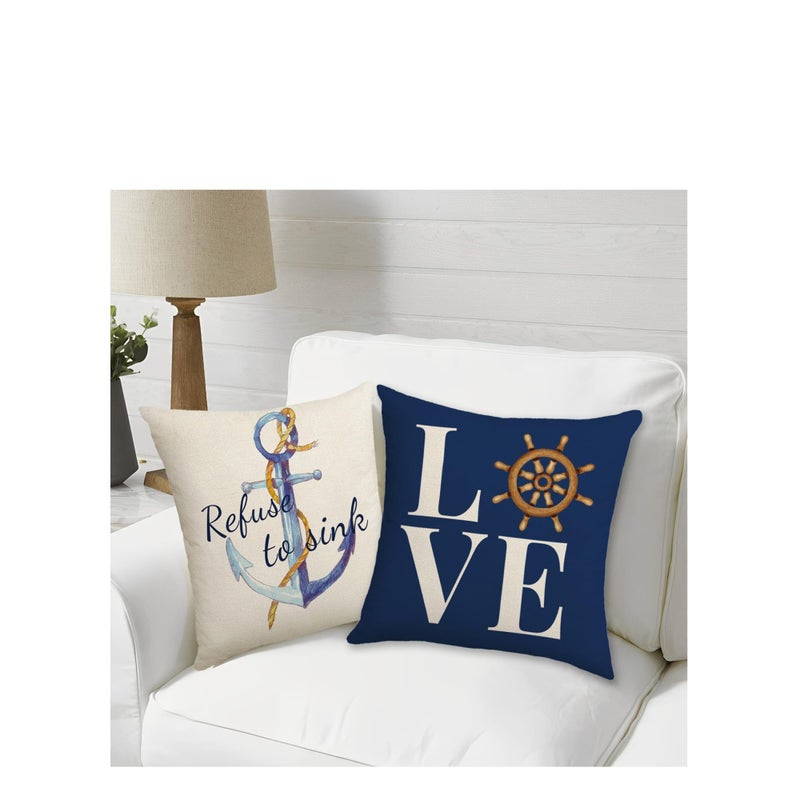 Zikra Throw Pillow Covers 18x18 Nautical Pillow Cover, Farmhouse Summer Decorative Pillow Cover Set of 4, Navy Blue Linen Couch Pillows Covers for Living Room Sofa Bed Home Decor - Image 4