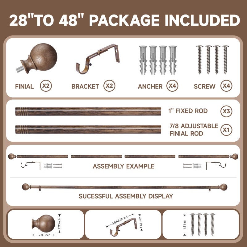 BRIOFOX Walnut Wood Curtain Rods for Windows 28 to 48 Inch(2.3-4ft)- 1'' Diameter Heavy Duty Curtain Rods with Imitation Wood Grain Pattern Finials,Adjustable Decorative Curtain Rods Set,28-48'' - Image 5