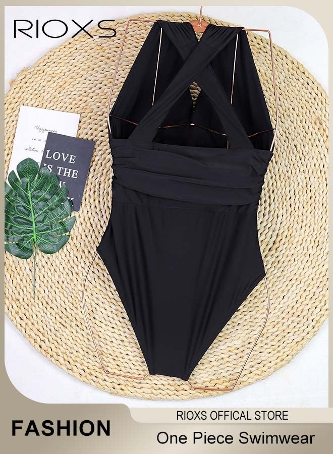 Women's One Piece Swimwear, Cross Wrap Cutout Swimsuit, Push Up Padded Tummy Control Swimming Suit, Sleeveless Halter Bodysuit, Womens Black Swimwear, Ladies Bathing Suit for Beach Hawaii Pool