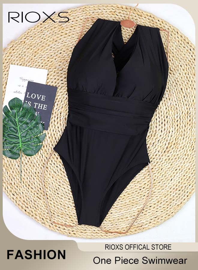 RIOXS Women's One Piece Swimwear, Cross Wrap Cutout Swimsuit, Push Up Padded Tummy Control Swimming Suit, Sleeveless Halter Bodysuit, Womens Black Swimwear, Ladies Bathing Suit for Beach Hawaii Pool  - Image 2