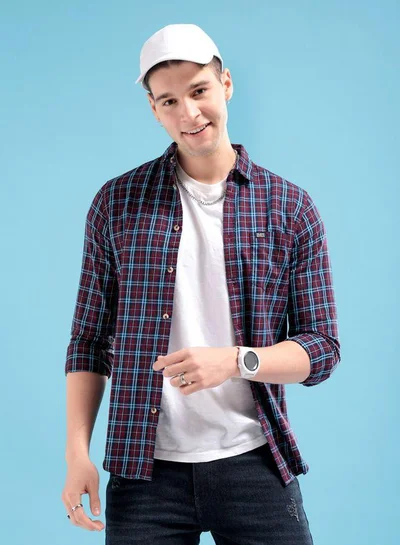 The Indian Garage Co Men Slim Fit Checkered Full Sleeves Spread Collar Casual Shirt
