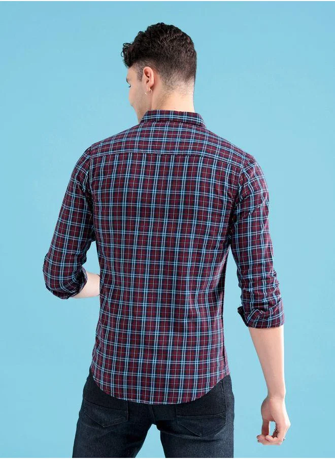 The Indian Garage Co Men Slim Fit Checkered Full Sleeves Spread Collar Casual Shirt