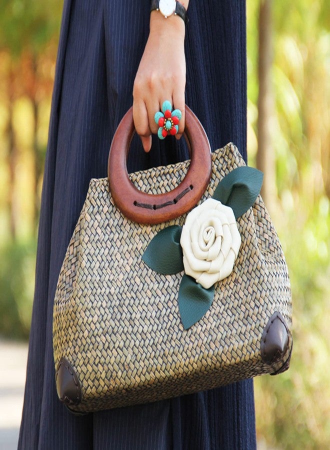 QTKJ Beach Bag, Boho Handmade Rattan Handbag, Round Bamboo Handle and Silk Flower, Summer Large Straw Retro patternTote Bag for Beach Vacation Daily(Brown) - Image 5
