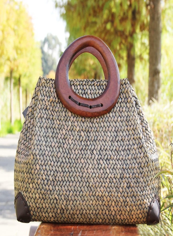QTKJ Beach Bag, Boho Handmade Rattan Handbag, Round Bamboo Handle and Silk Flower, Summer Large Straw Retro patternTote Bag for Beach Vacation Daily(Brown) - Image 4