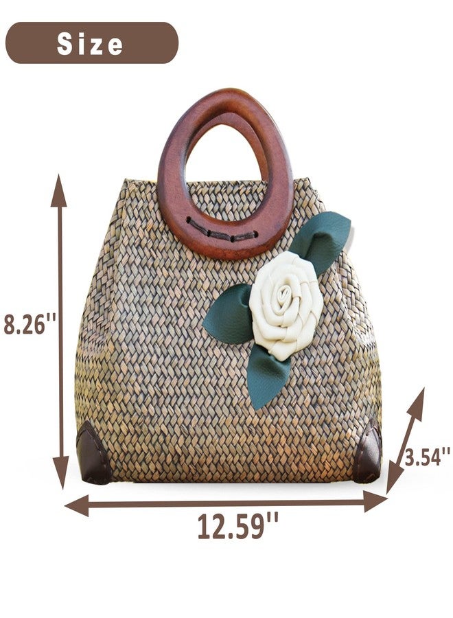 QTKJ Beach Bag, Boho Handmade Rattan Handbag, Round Bamboo Handle and Silk Flower, Summer Large Straw Retro patternTote Bag for Beach Vacation Daily(Brown) - Image 3