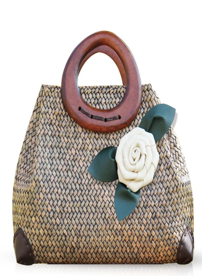 QTKJ Beach Bag, Boho Handmade Rattan Handbag, Round Bamboo Handle and Silk Flower, Summer Large Straw Retro patternTote Bag for Beach Vacation Daily(Brown) - Image 1