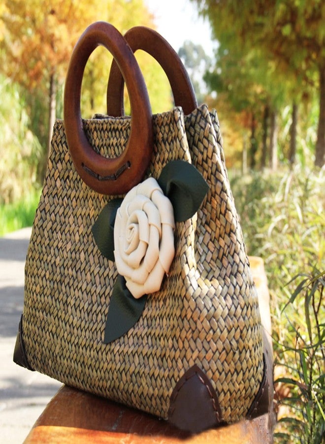 QTKJ Beach Bag, Boho Handmade Rattan Handbag, Round Bamboo Handle and Silk Flower, Summer Large Straw Retro patternTote Bag for Beach Vacation Daily(Brown) - Image 2