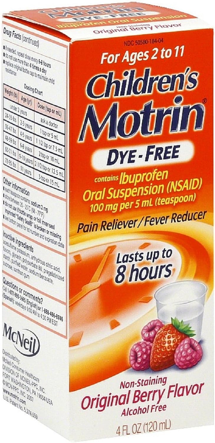 Motrin Childrens DyeFree Pain RelieverFever Reducer Original Berry Flavor 4 oz 10 Pack