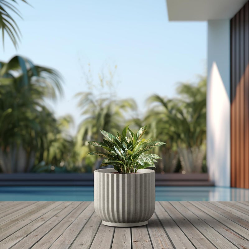 Kante Round Fluted Planter, 14 Inch Dia Large Concrete Plant Pots with Drainage Hole and Rubber Plug, Modern Decor for Indoor Outdoor Plants, Flower, Weathered Finish with Painted Interior - Image 5