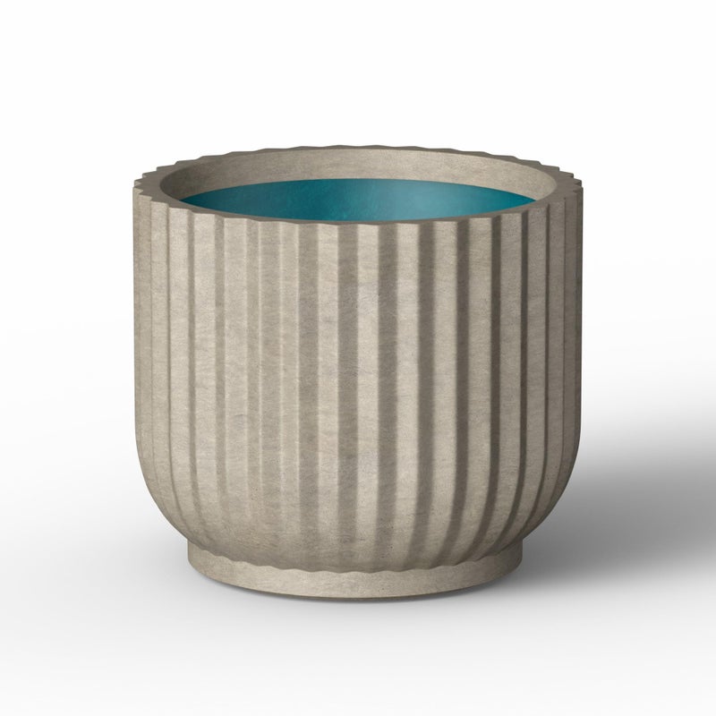 Kante Round Fluted Planter, 14 Inch Dia Large Concrete Plant Pots with Drainage Hole and Rubber Plug, Modern Decor for Indoor Outdoor Plants, Flower, Weathered Finish with Painted Interior - Image 1