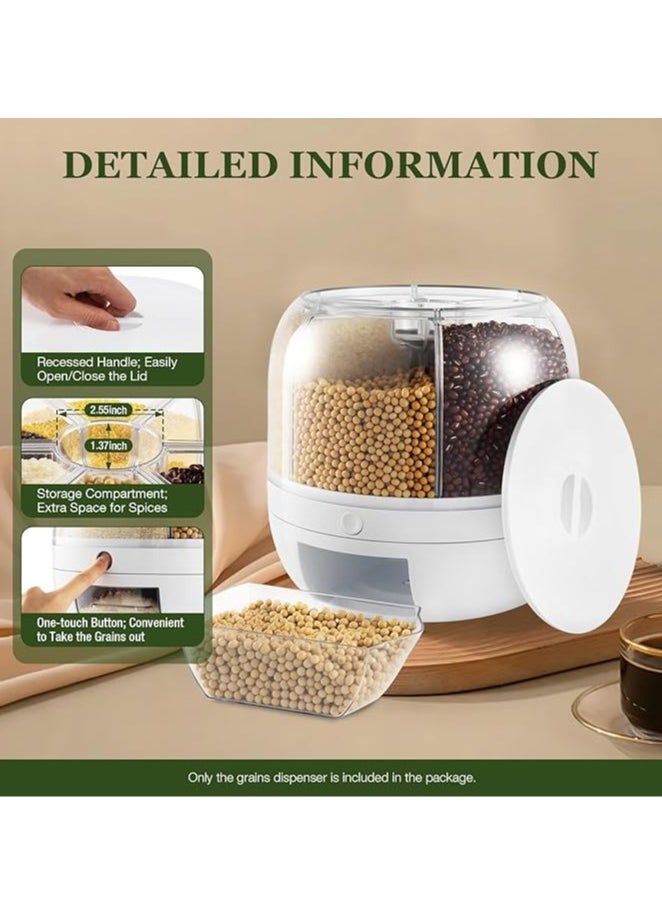 Dry Storage 6 Grid Cereal Storage Container Dispenser Countertop, Grain Organizer and Dispenser Round 360 Food Rotating Dispenser for Store Rice, Red Beans, Yellow Beans