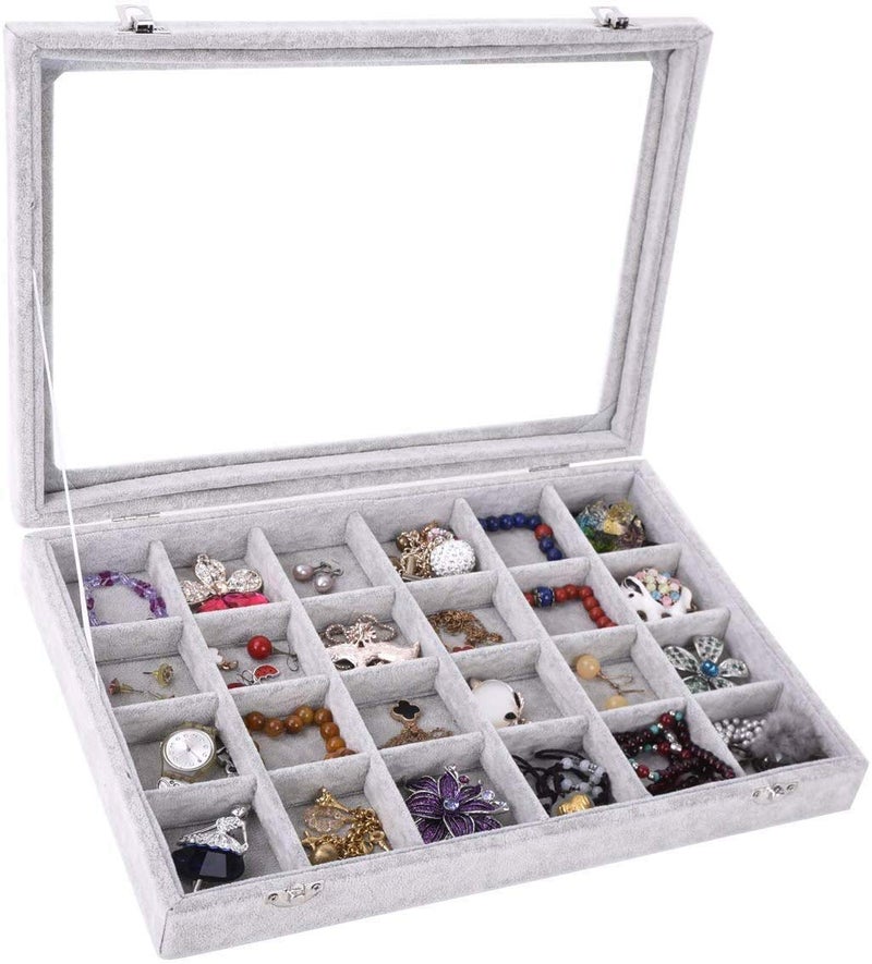 BucketList Glass lid 24 Grid Jewellery box & Chests Organizer Earrings Necklaces Bracelet Brooch Buttons Storage Boxes, Lockable, Removable grid, Perfect Gifts (24 Grid, Grey) 35 x 24 x 5cm - Image 1