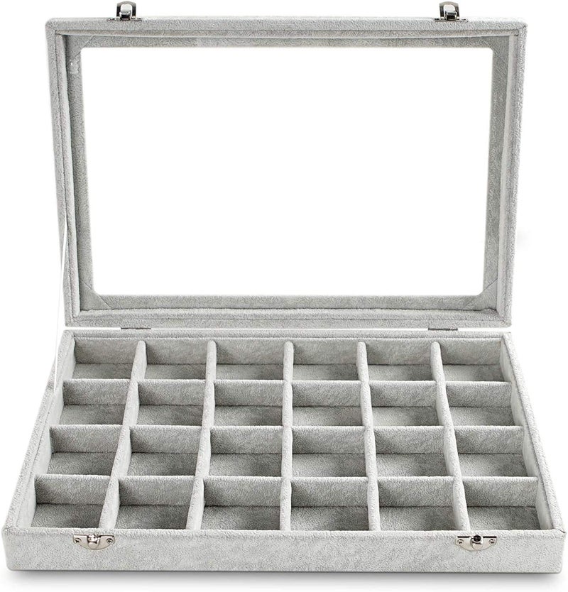 BucketList Glass lid 24 Grid Jewellery box & Chests Organizer Earrings Necklaces Bracelet Brooch Buttons Storage Boxes, Lockable, Removable grid, Perfect Gifts (24 Grid, Grey) 35 x 24 x 5cm - Image 3