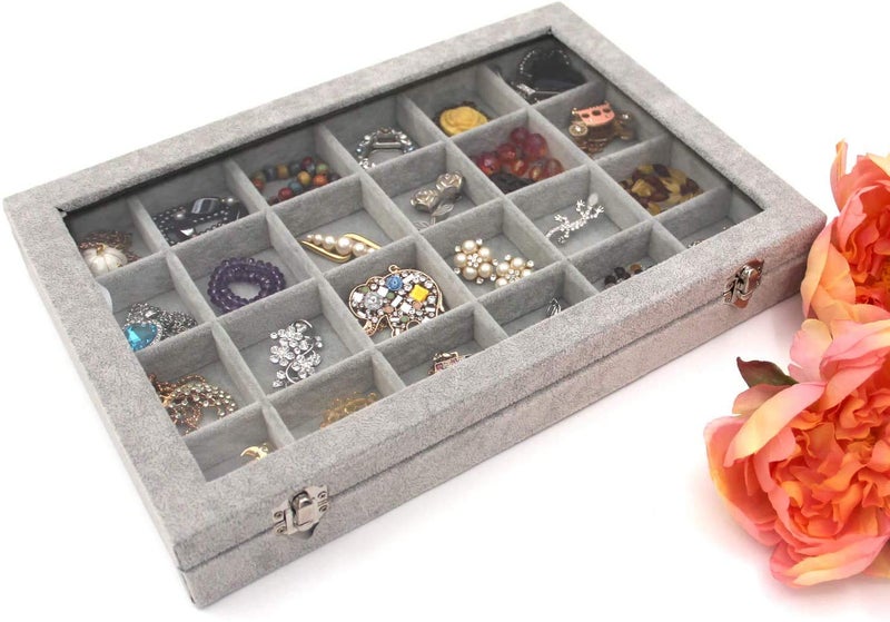 BucketList Glass lid 24 Grid Jewellery box & Chests Organizer Earrings Necklaces Bracelet Brooch Buttons Storage Boxes, Lockable, Removable grid, Perfect Gifts (24 Grid, Grey) 35 x 24 x 5cm - Image 2