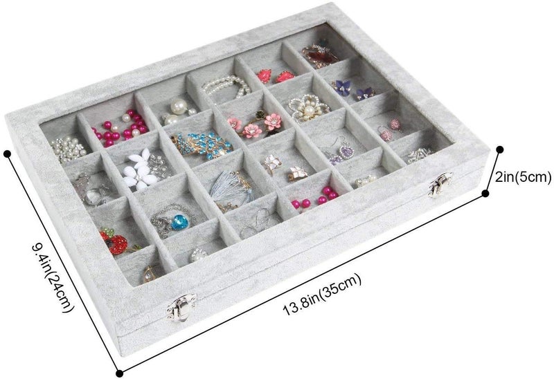 BucketList Glass lid 24 Grid Jewellery box & Chests Organizer Earrings Necklaces Bracelet Brooch Buttons Storage Boxes, Lockable, Removable grid, Perfect Gifts (24 Grid, Grey) 35 x 24 x 5cm - Image 4