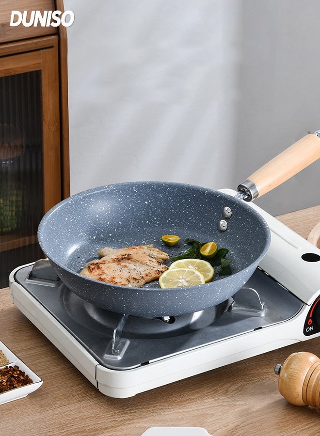 DUNISO أواني طهي غير لاصقة بمقبض خشبي مقاوم للحرارة، مقلاة منزلية بطبقة رخامية متينة، أواني طهي للحث مع حلقة تعليق، 28 سم - Image 1