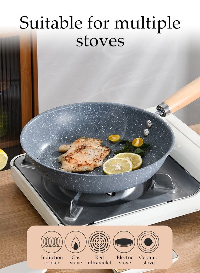 DUNISO أواني طهي غير لاصقة بمقبض خشبي مقاوم للحرارة، مقلاة منزلية بطبقة رخامية متينة، أواني طهي للحث مع حلقة تعليق، 28 سم - Image 5