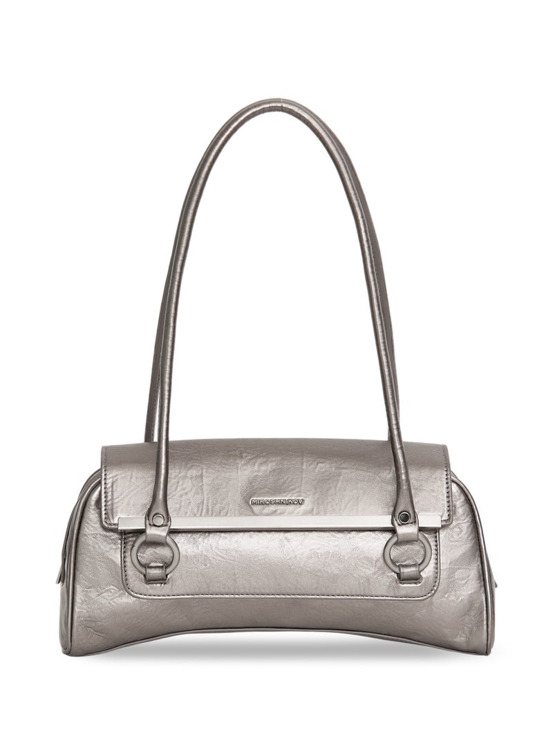 Miroshnikov Women’s Baguette Shoulder Bag, Glossy PU Leather Evening Purse, Designer Crinkle Effect Handbag, Zipper Closure Clutch, Stylish Underarm Bag for Work, Party & Daily Use - Silver - Image 1
