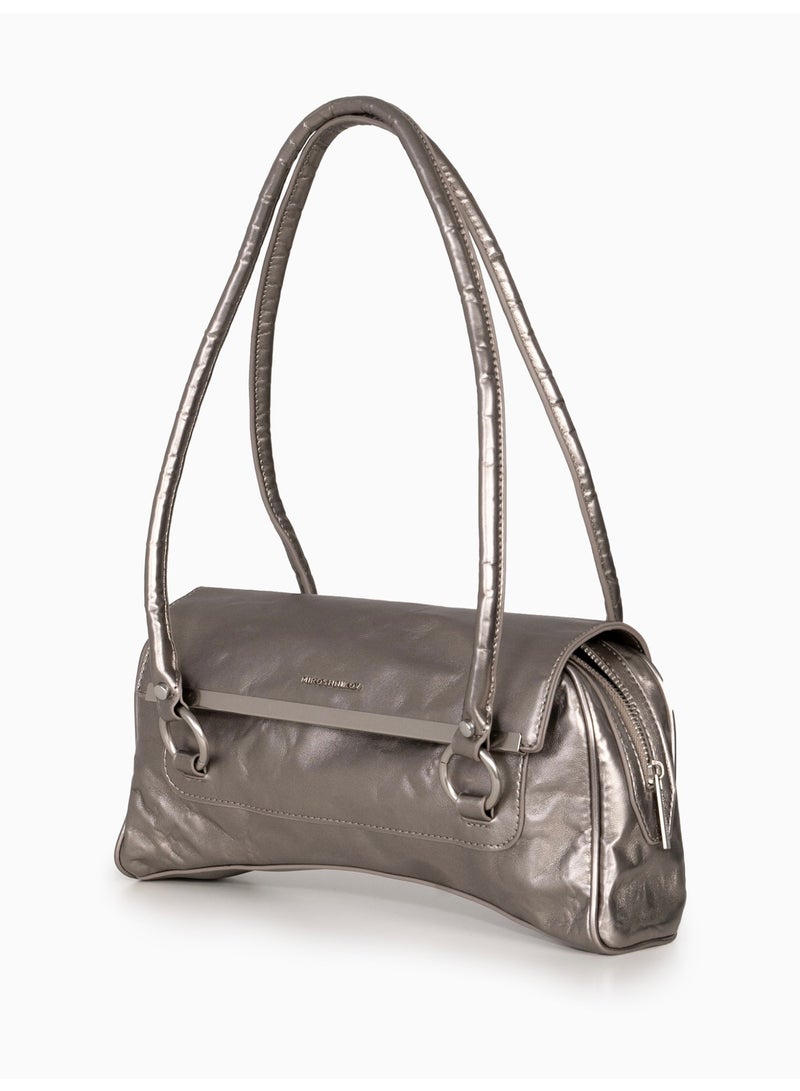 Miroshnikov Women’s Baguette Shoulder Bag, Glossy PU Leather Evening Purse, Designer Crinkle Effect Handbag, Zipper Closure Clutch, Stylish Underarm Bag for Work, Party & Daily Use - Silver - Image 3