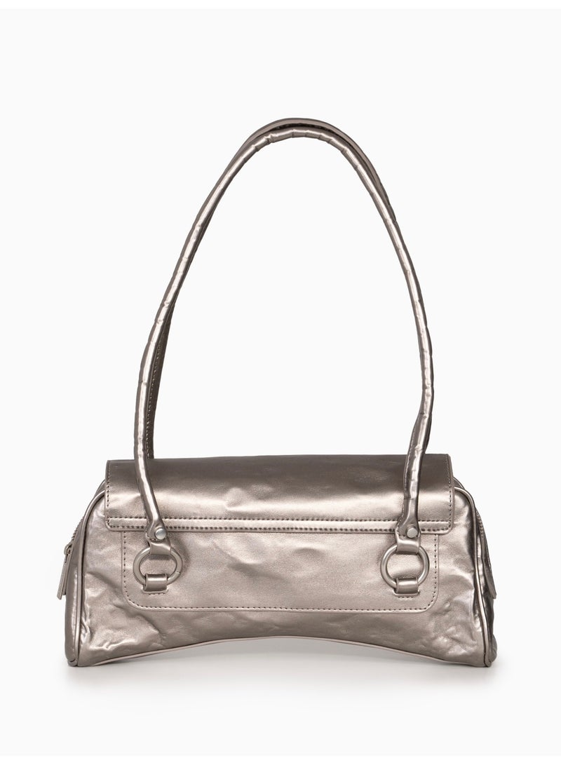 Miroshnikov Women’s Baguette Shoulder Bag, Glossy PU Leather Evening Purse, Designer Crinkle Effect Handbag, Zipper Closure Clutch, Stylish Underarm Bag for Work, Party & Daily Use - Silver - Image 4
