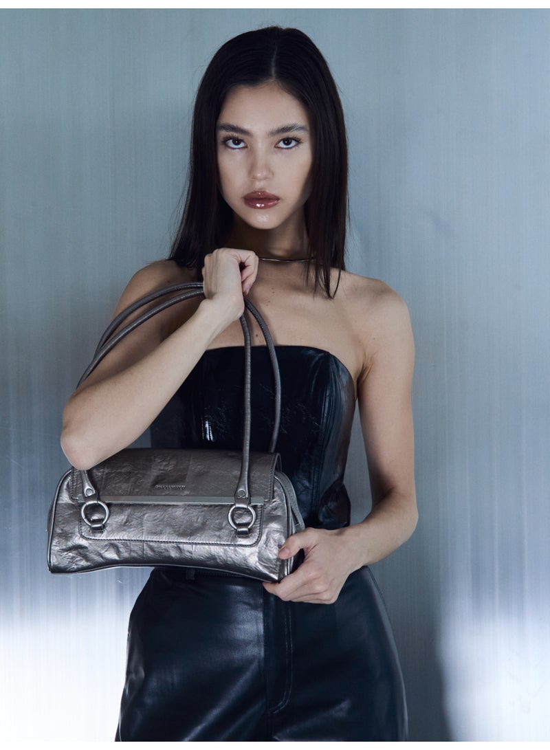 Miroshnikov Women’s Baguette Shoulder Bag, Glossy PU Leather Evening Purse, Designer Crinkle Effect Handbag, Zipper Closure Clutch, Stylish Underarm Bag for Work, Party & Daily Use - Silver - Image 5
