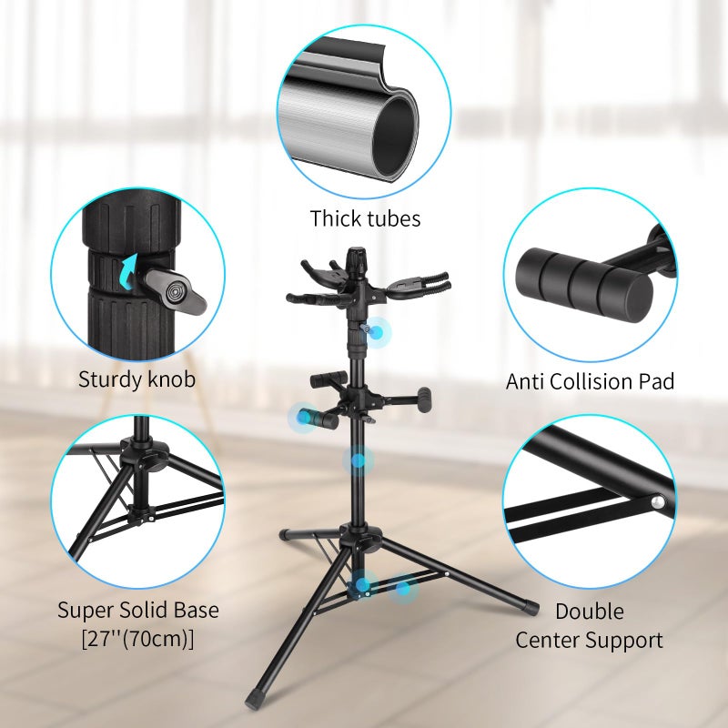 GUITTO Triple Guitar Stand - Heavy Duty 3 Guitar Stand for Acoustic/Electric/Bass/Banjos, Auto-Lock Folding Design, Non-Slip Base & Anti-Rust - Portable for Stage/Travel/Studio GGS-06T - Image 2