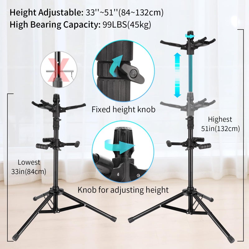GUITTO Triple Guitar Stand - Heavy Duty 3 Guitar Stand for Acoustic/Electric/Bass/Banjos, Auto-Lock Folding Design, Non-Slip Base & Anti-Rust - Portable for Stage/Travel/Studio GGS-06T - Image 4