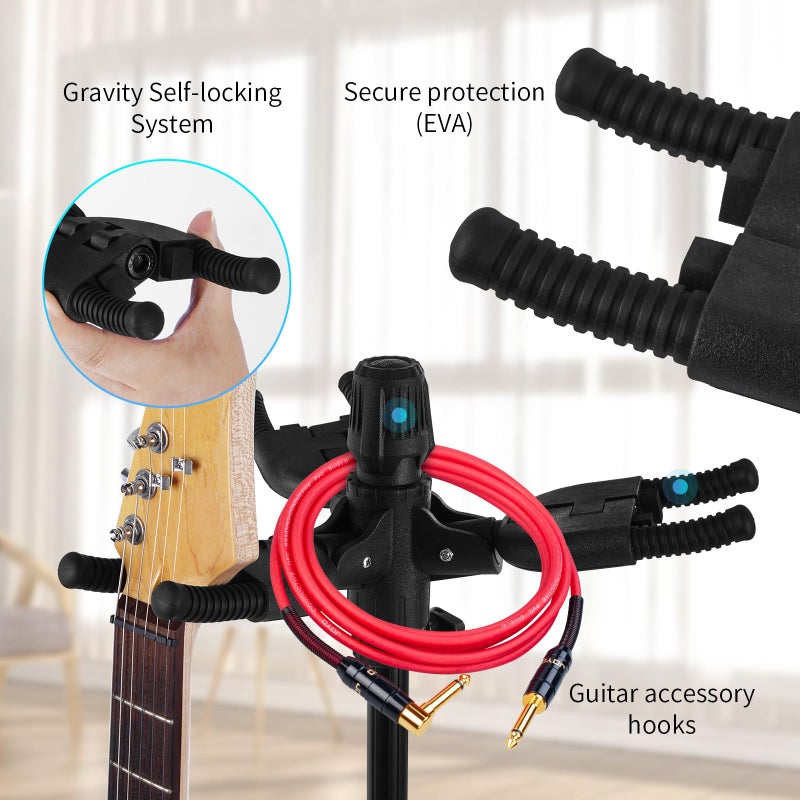GUITTO Triple Guitar Stand - Heavy Duty 3 Guitar Stand for Acoustic/Electric/Bass/Banjos, Auto-Lock Folding Design, Non-Slip Base & Anti-Rust - Portable for Stage/Travel/Studio GGS-06T - Image 3