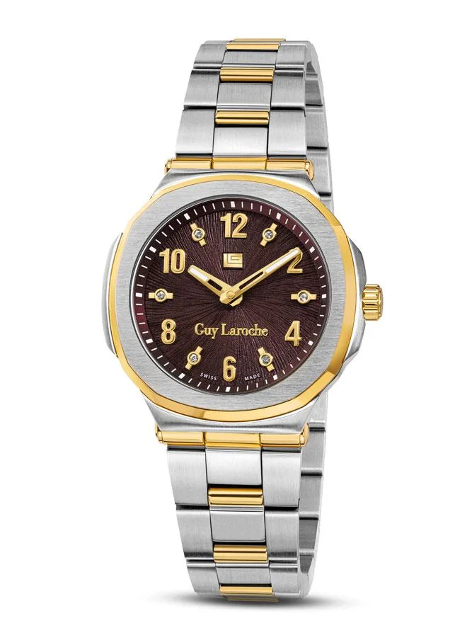 Guy Laroche Charlie 33mm Women's Swiss Quartz Watch with Brown Dial & Gold-Plated Stainless Steel Bracelet