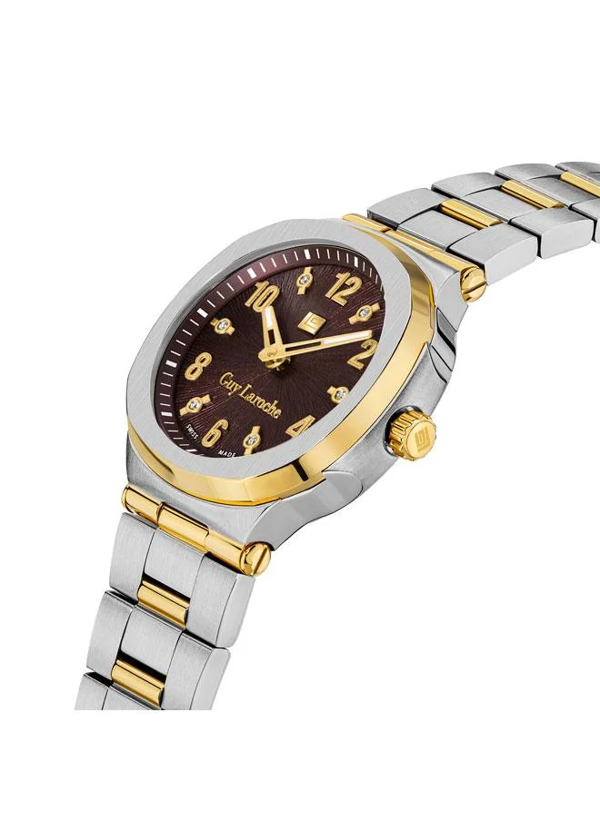 Guy Laroche Charlie 33mm Women's Swiss Quartz Watch with Brown Dial & Gold-Plated Stainless Steel Bracelet
