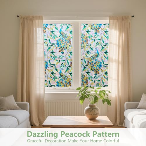 Kromapolis Window Privacy Film, Stained Glass Sticker Floral Window Clings, Decorative Static Clings UV Blocking Colorful Decals, Removable Vinyl Covering Rainbow Peacock, 17.5'' x 78.7'' - Image 2